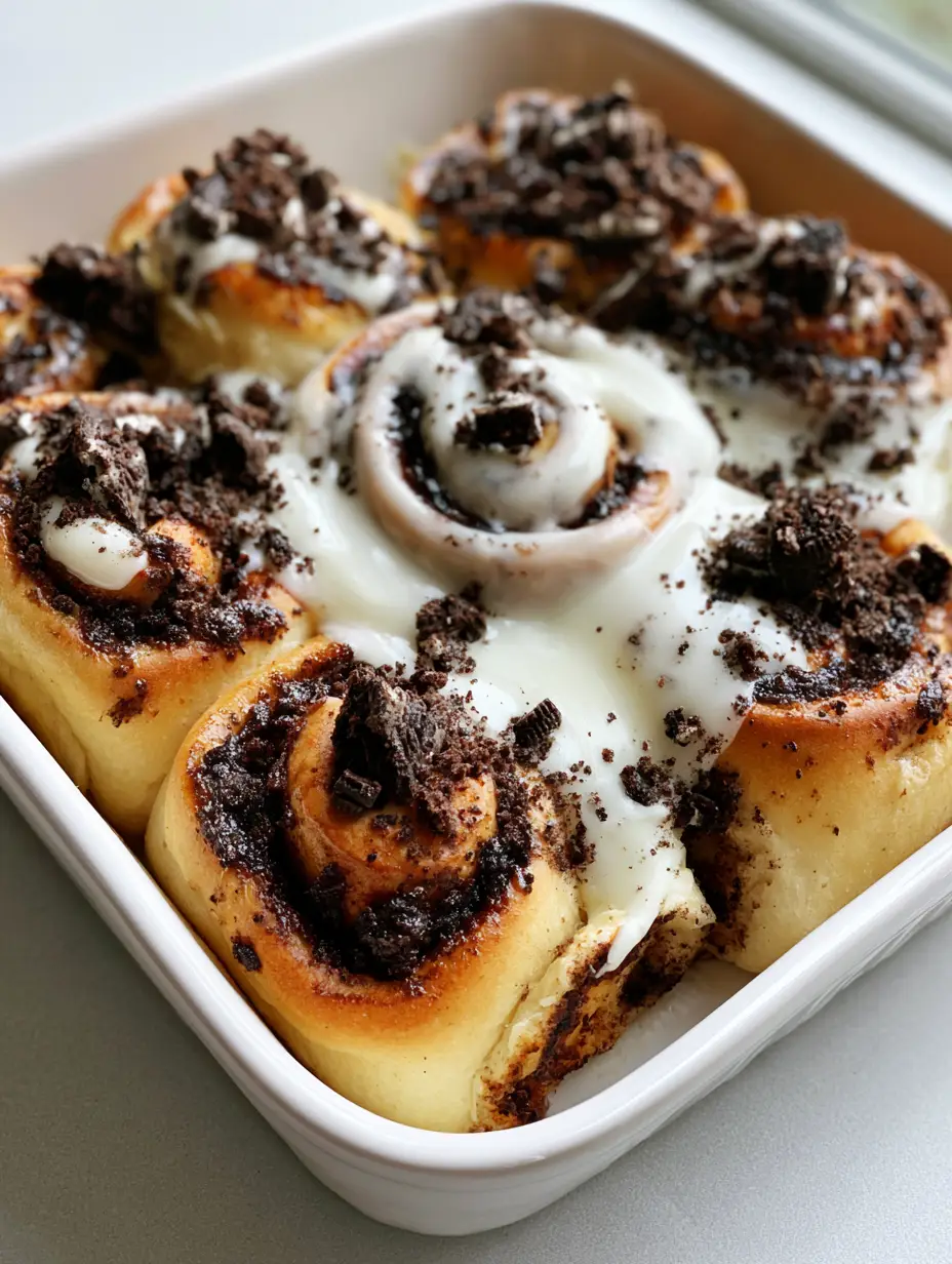 Cookies and Cream Cinnamon Rolls with White Cream Cheese Glaze 3 Close up handheld photo of Cookies and Cream Cinnamon Rolls in a white ceramic dish with glossy cream cheese glaze.