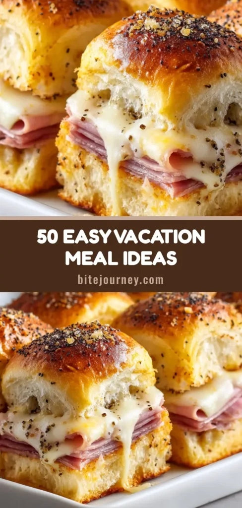 A tall stack of golden-brown ham and cheese sliders on a white platter, featuring melted Swiss cheese and poppy seeds. (Easy Vacation Meals)
