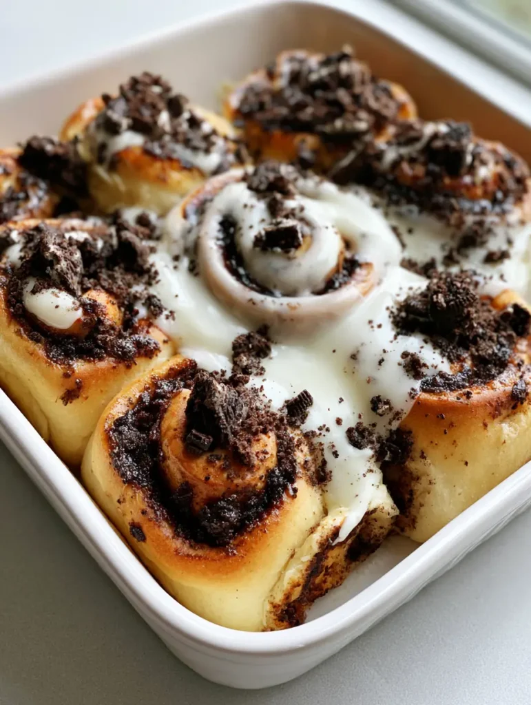 Cookies and Cream Cinnamon Rolls with White Cream Cheese Glaze 1 Cookies and Cream Cinnamon Rolls featuring golden-brown dough and a heavy dusting of chocolate cookie pieces.