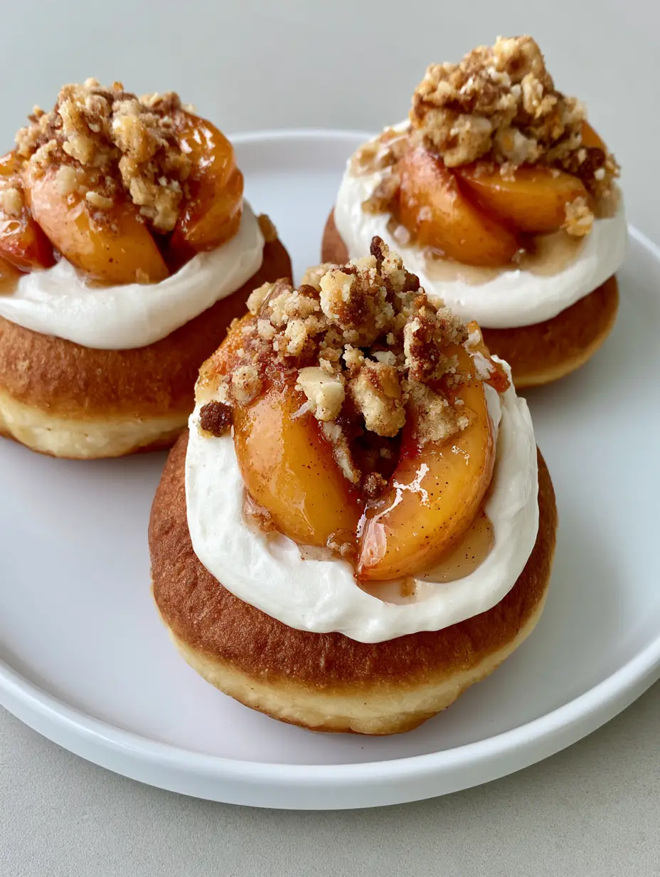 Close-up of fried yeast donuts with thick cheesecake frosting and orange-hued caramelized peaches. (Peach Cobbler Cheesecake Donuts)