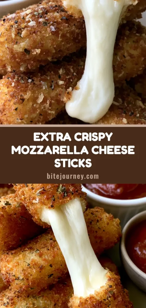 Mozzarella Cheese Sticks with Extra Crispy Panko Breading 3 A stack of golden-brown deep-fried mozzarella sticks on a white plate with one pulled apart showing a long stretchy cheese strand and a side of red marinara. (Mozzarella Cheese Sticks)