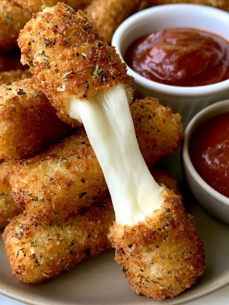 Mozzarella Cheese Sticks with Extra Crispy Panko Breading 1 Close up of fried Mozzarella Cheese Sticks resting on a white ceramic plate with a ramekin of red marinara sauce.