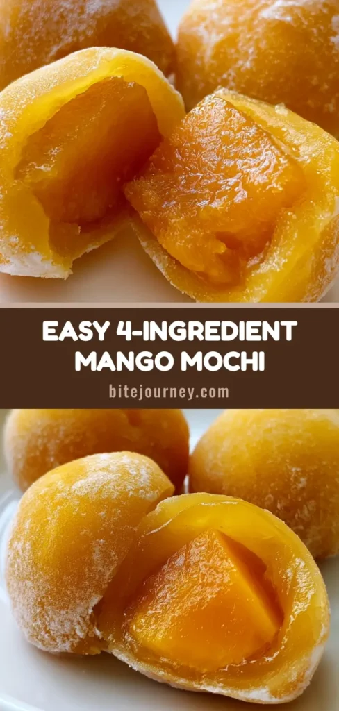 Three round Mango Mochi pieces with vibrant golden-yellow translucent skin on a white plate, one sliced to reveal a juicy mango cube.