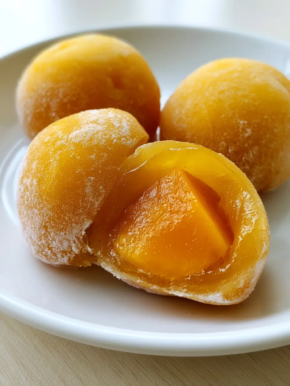 Close-up of Mango Mochi on a wooden surface, showing the soft matte cornstarch texture and bright orange mango filling.