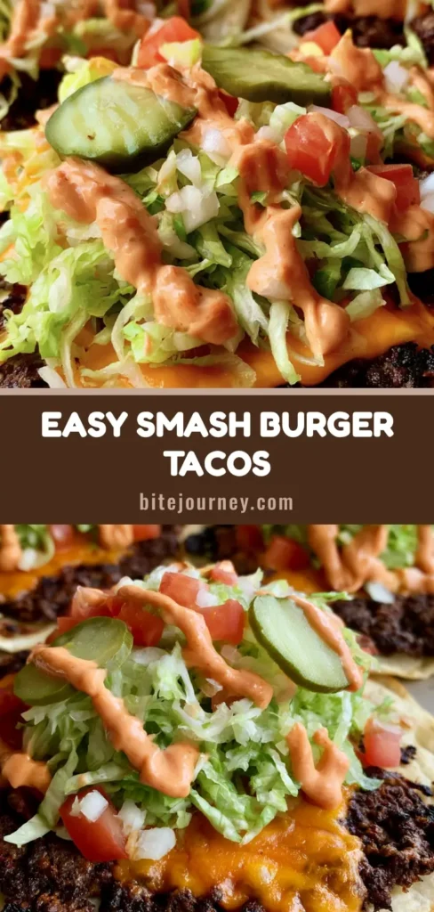 Three Smash Burger Tacos on soft flour tortillas with crispy charred beef edges, melted orange cheddar, shredded lettuce, and zig-zag burger sauce. (Smash Burger Tacos)