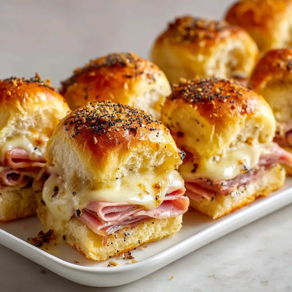 Close-up of baked ham and cheese sliders with melted Swiss cheese oozing out and toasted Hawaiian roll tops. (Easy Vacation Meals)