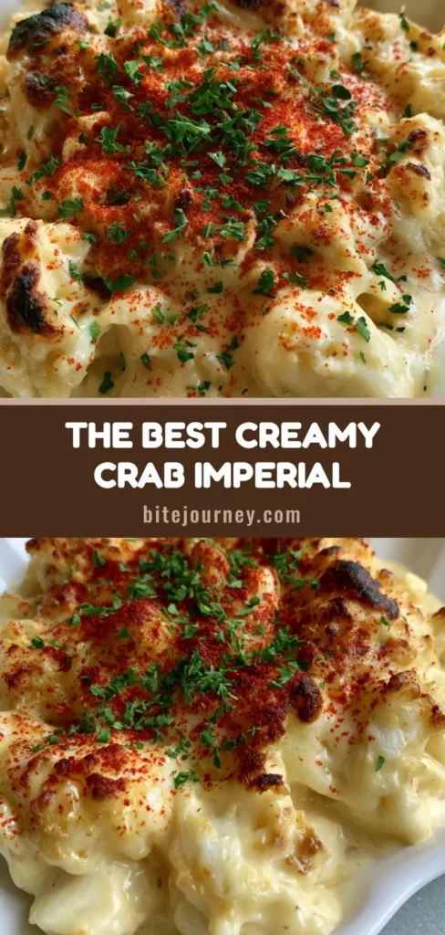A close-up vertical shot of Maryland Crab Imperial with a golden-brown charred top in a white scallop dish. (Crab Imperial Recipe)