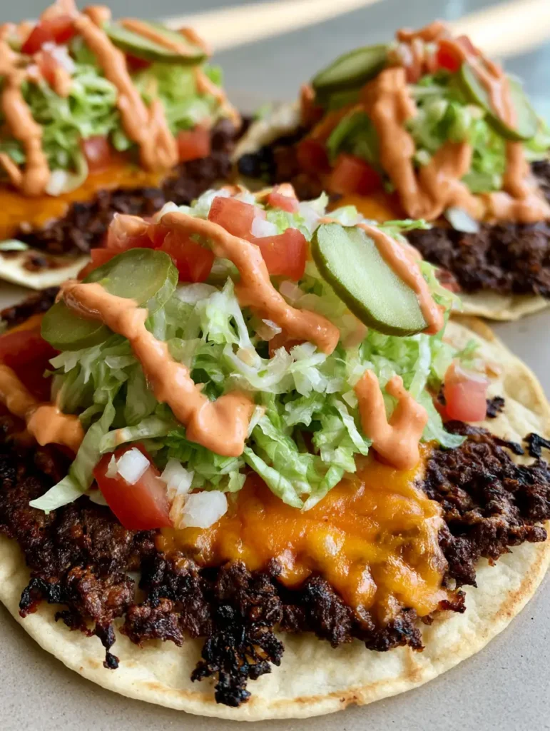 A handheld perspective of three Smash Burger Tacos topped with fresh lettuce, tomatoes, and zig-zagged burger sauce.