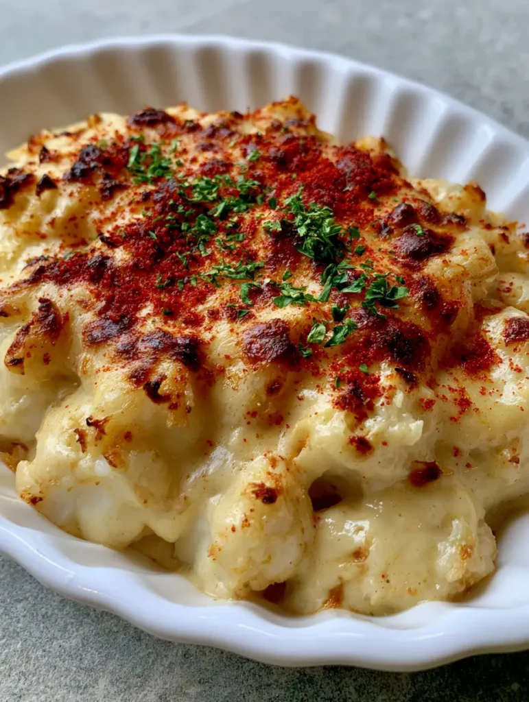 Crab Imperial Recipe served in a white porcelain scallop dish with red paprika dusting.