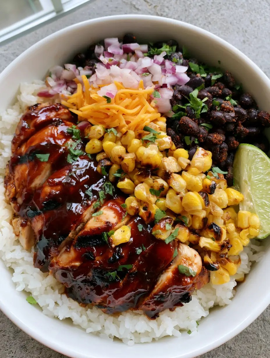 BBQ Chicken Rice Bowls: The Ultimate 30-Minute High-Protein Meal 3 Close up of BBQ Chicken Rice Bowls showing thick mahogany BBQ sauce and charred roasted corn sections on fluffy steamed white rice.