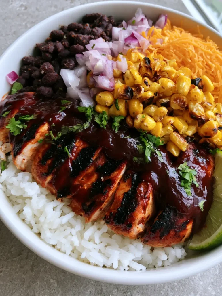 BBQ Chicken Rice Bowls: The Ultimate 30-Minute High-Protein Meal 1 Top-down photo of BBQ Chicken Rice Bowls in a white bowl with black beans, red onion, and shredded orange cheddar cheese.