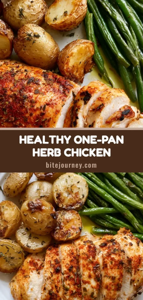 A top-down view of a Herb-Baked Chicken Dinner featuring sliced roasted chicken with smoked paprika, crispy baby potatoes, and blistered green beans.