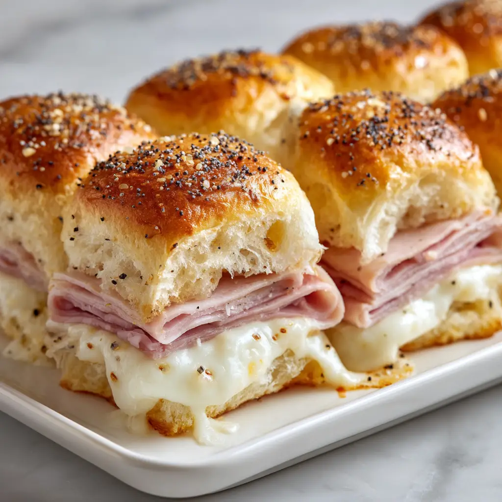 A side view of the sliders showing the multiple folds of pink deli ham and melted cheese on a white ceramic platter. (Easy Vacation Meals)