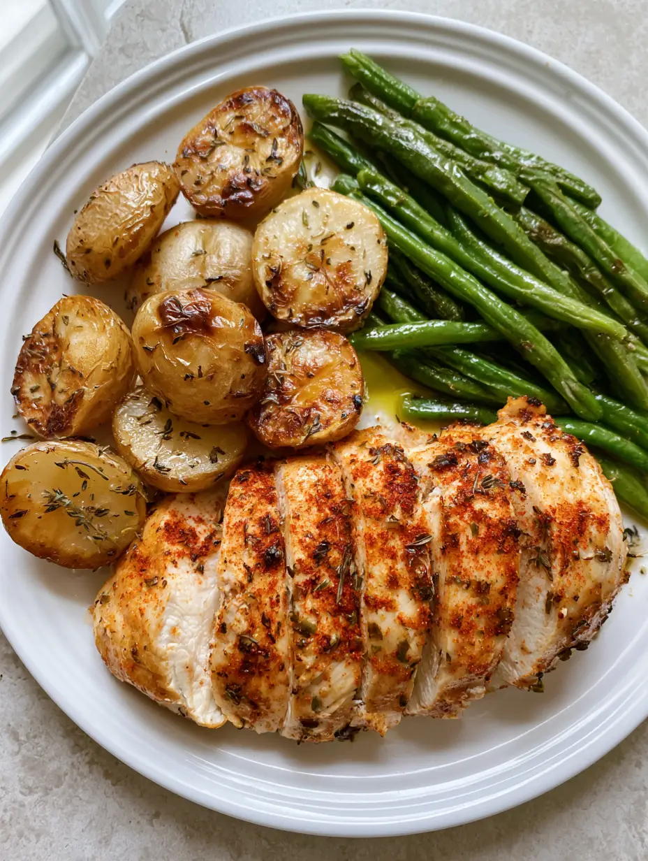 Close-up of a Herb-Baked Chicken Dinner plate with golden-brown chicken breast and roasted vegetables.