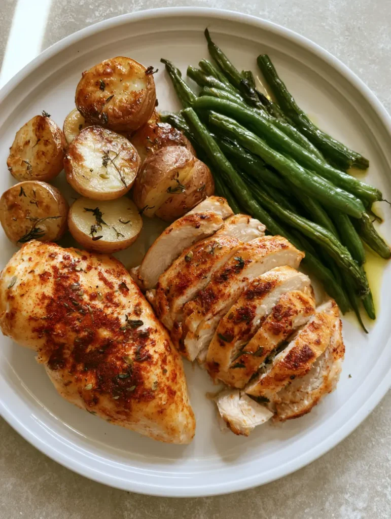 Forensic detail of sliced roasted chicken breast dusted with smoked paprika and dried herbs for a Herb-Baked Chicken Dinner.