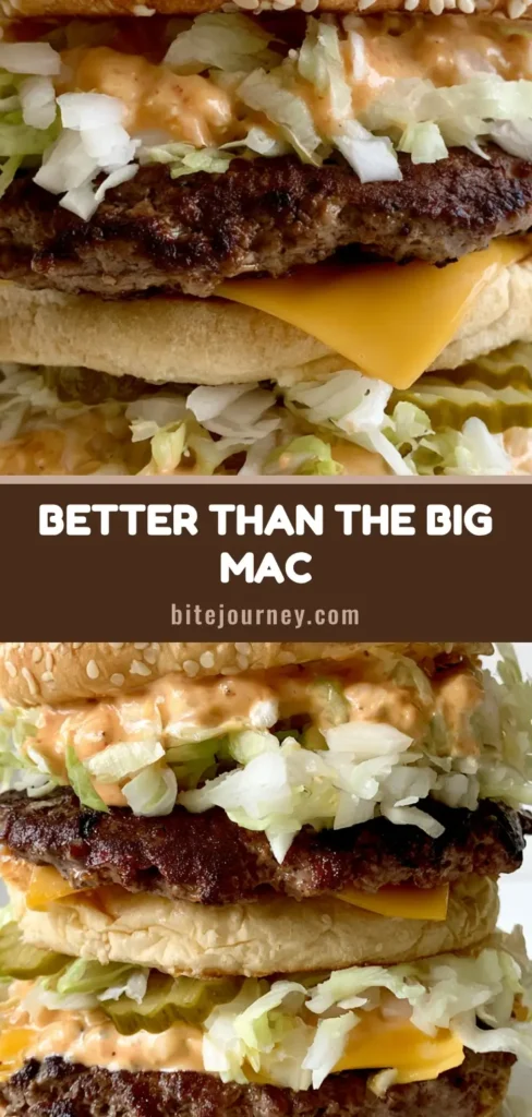 A towering double-decker cheeseburger with toasted sesame seed buns, melted American cheese, and creamy orange sauce. (Homemade Big Mac Recipe)