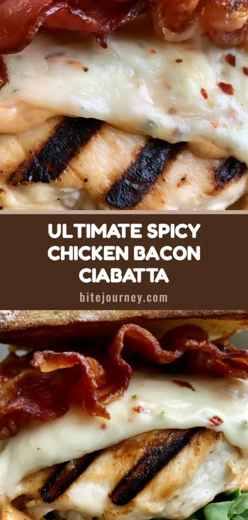 A towering Spicy Grilled Chicken Ciabatta sandwich featuring dark grill marks, melted pepper jack cheese, and crispy bacon on a slate plate.