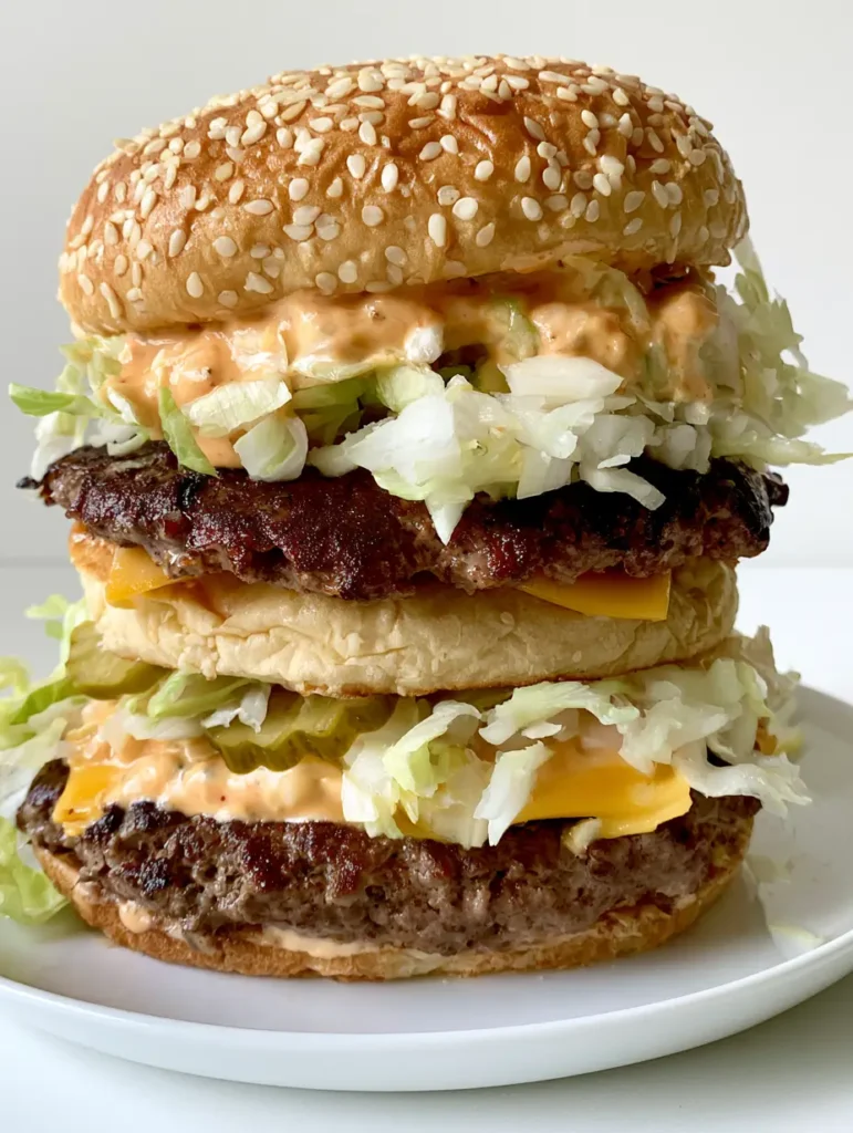 Close up handheld photo of a Homemade Big Mac Recipe featuring two seared patties and shredded lettuce.