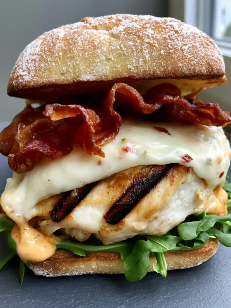 Close-up of Spicy Grilled Chicken Ciabatta showing the orange chipotle mayo drip and toasted bun edges.