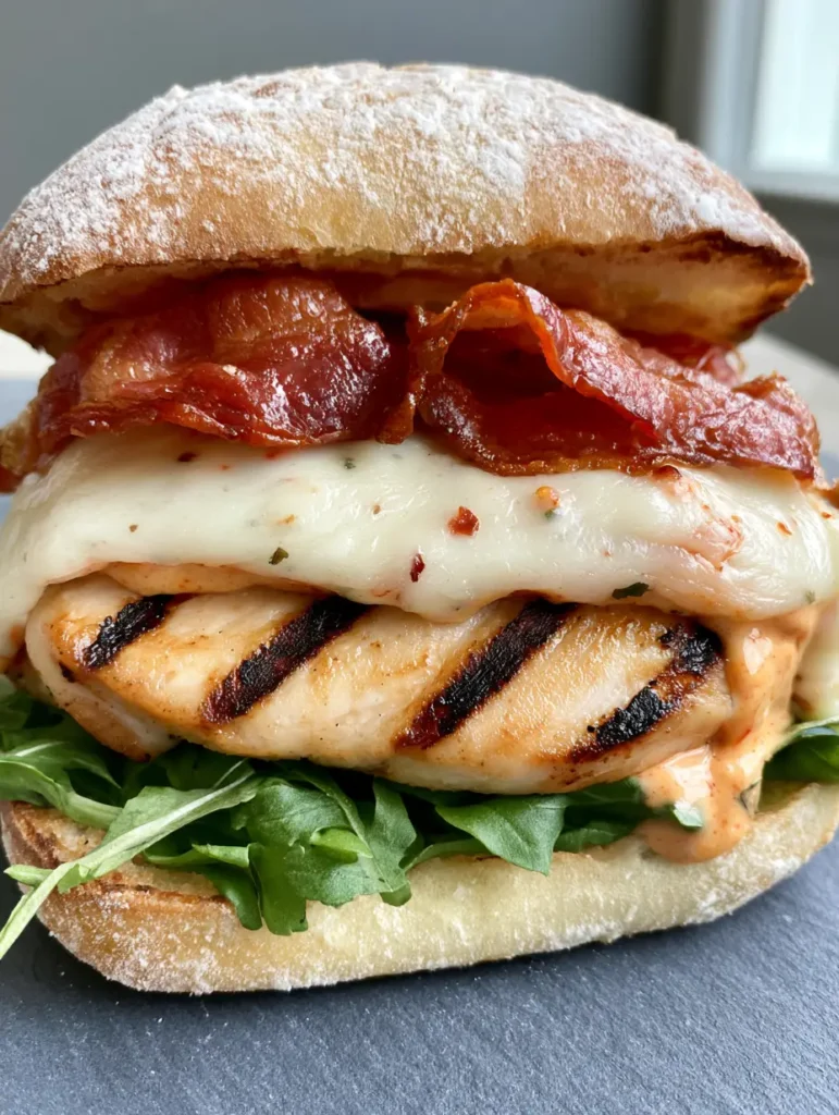 High-angle shot of the Spicy Grilled Chicken Ciabatta on a neutral slate background with visible grill marks.