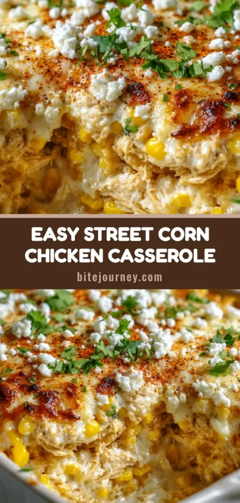 A bubbling Street Corn Chicken Casserole in a white dish with a toasted cheese crust, cotija, and cilantro garnish.