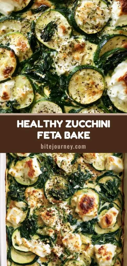 A top-down view of a Zucchini Spinach Feta Casserole in a white ceramic dish featuring layered zucchini rounds and toasted feta cheese crumbles.