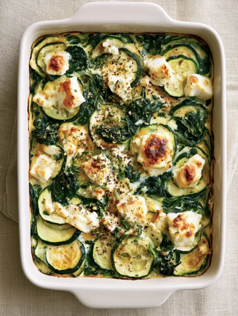 Zucchini Spinach Feta Casserole showing overlapping thin green zucchini rounds and golden-brown toasted feta chunks.