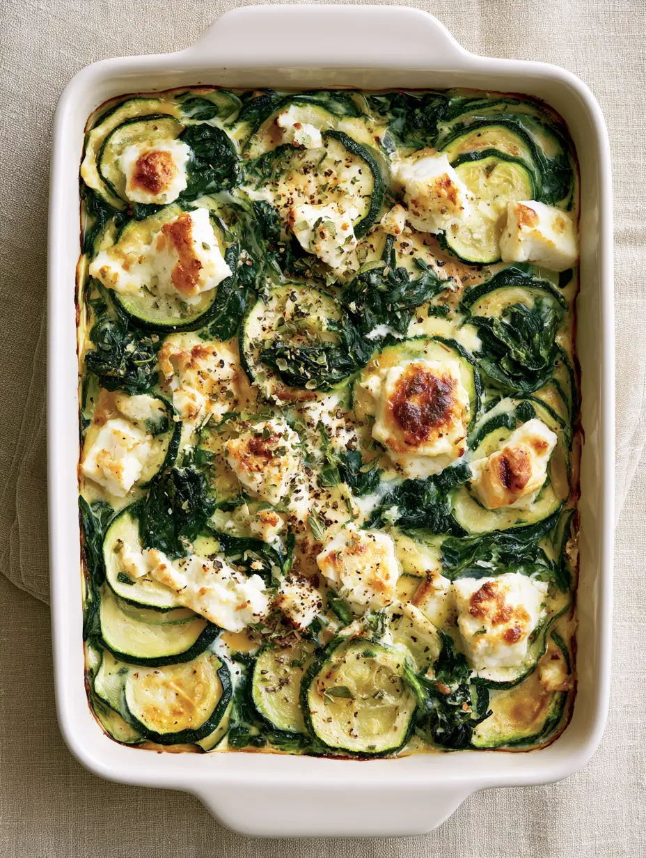 Zucchini Spinach Feta Casserole showing overlapping thin green zucchini rounds and golden-brown toasted feta chunks.