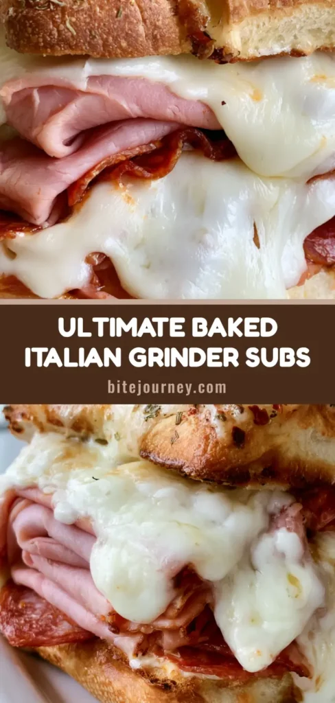 A stack of Baked Italian Grinder Sandwiches on a white plate featuring melted mozzarella cheese and an oregano-butter crust.
