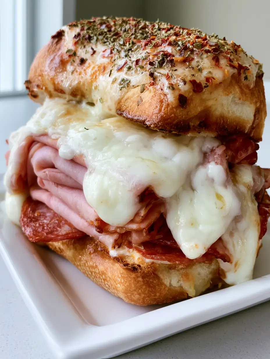 Close up of Baked Italian Grinder Sandwiches with gooey melted mozzarella and thick layers of Italian deli meats.