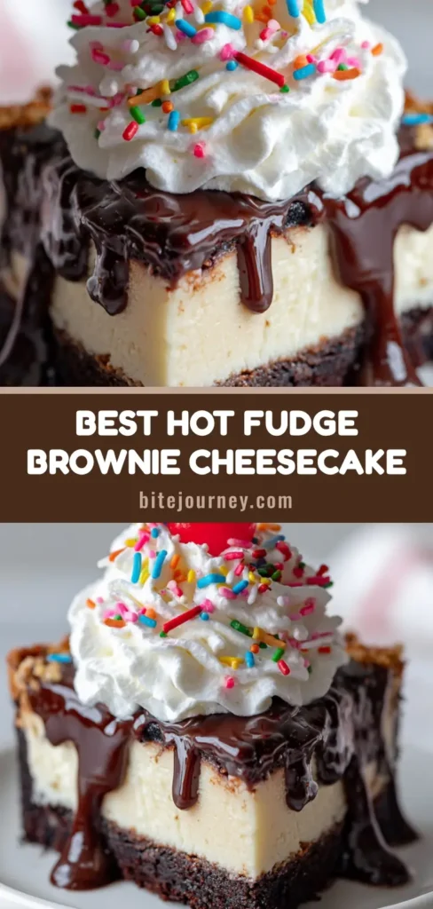 A tall slice of Hot Fudge Brownie Cheesecake on a white plate with thick fudge, whipped cream, and a cherry. (Hot Fudge Brownie Cheesecake)
