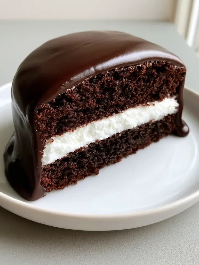 A side-view slice of a Ding Dong Cake on a white plate, highlighting the thick marshmallow cream center. (Ding Dong Cake Recipe)