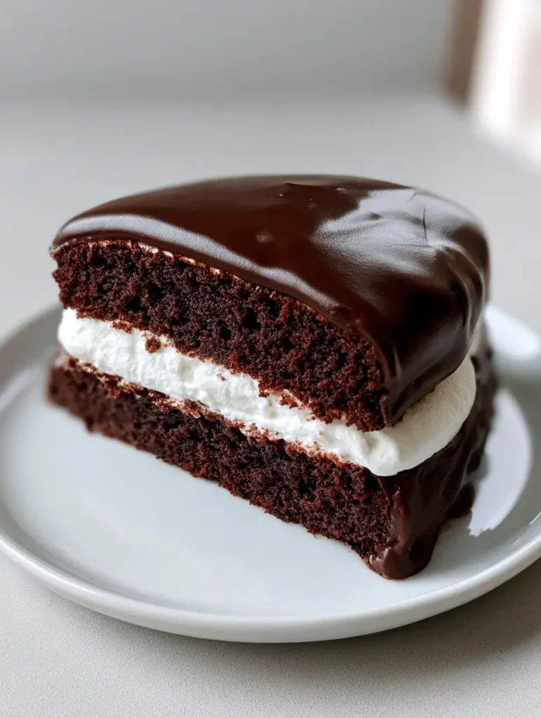 Ding Dong Cake Recipe: The Ultimate Homemade Hostess Copycat 1 Overhead shot of a slice of Ding Dong Cake Recipe showing the semi-glossy chocolate glaze.