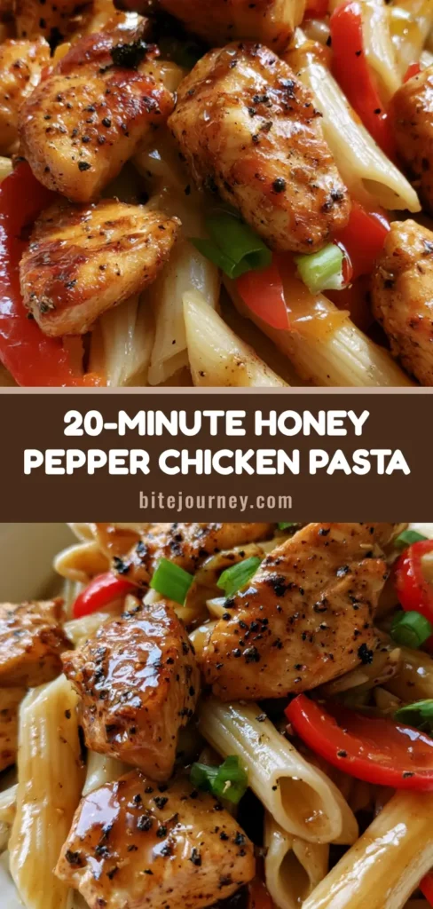 A top-down view of Honey Pepper Chicken Pasta in a white bowl showing penne, seared chicken, and a thick glossy amber sauce with black pepper specks.