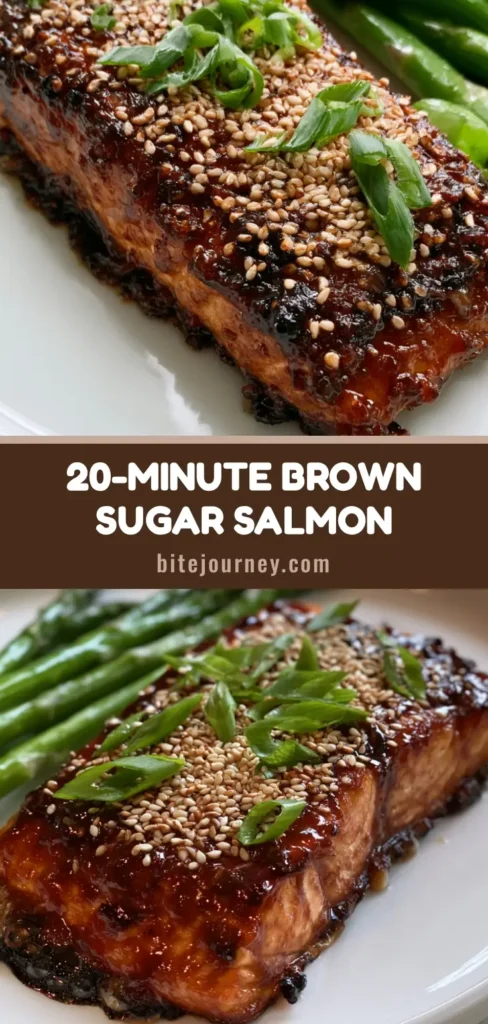 A thick, rectangular Brown Sugar Glazed Salmon fillet with a glossy mahogany glaze, charred edges, and toasted sesame seeds served with asparagus.