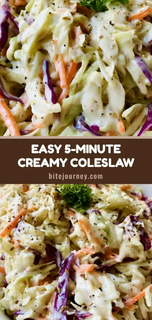A close-up vertical shot of a vibrant Homemade Coleslaw Recipe in a white bowl, showing shredded purple and green cabbage with a creamy dressing.