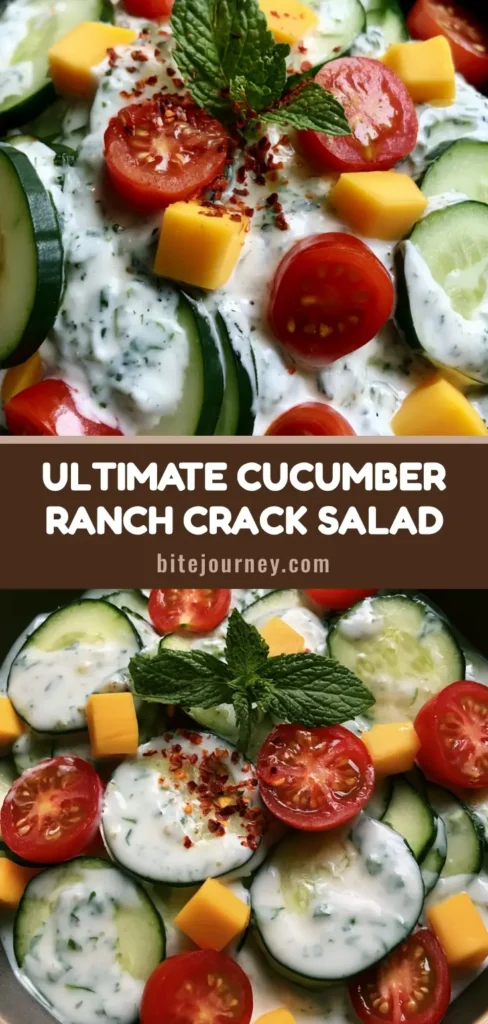 Vertical smartphone photo of Cucumber Ranch Crack Salad in a dark bowl on wood background. Visible sliced cucumbers, red tomatoes, cheddar chunks, and ranch dressing.