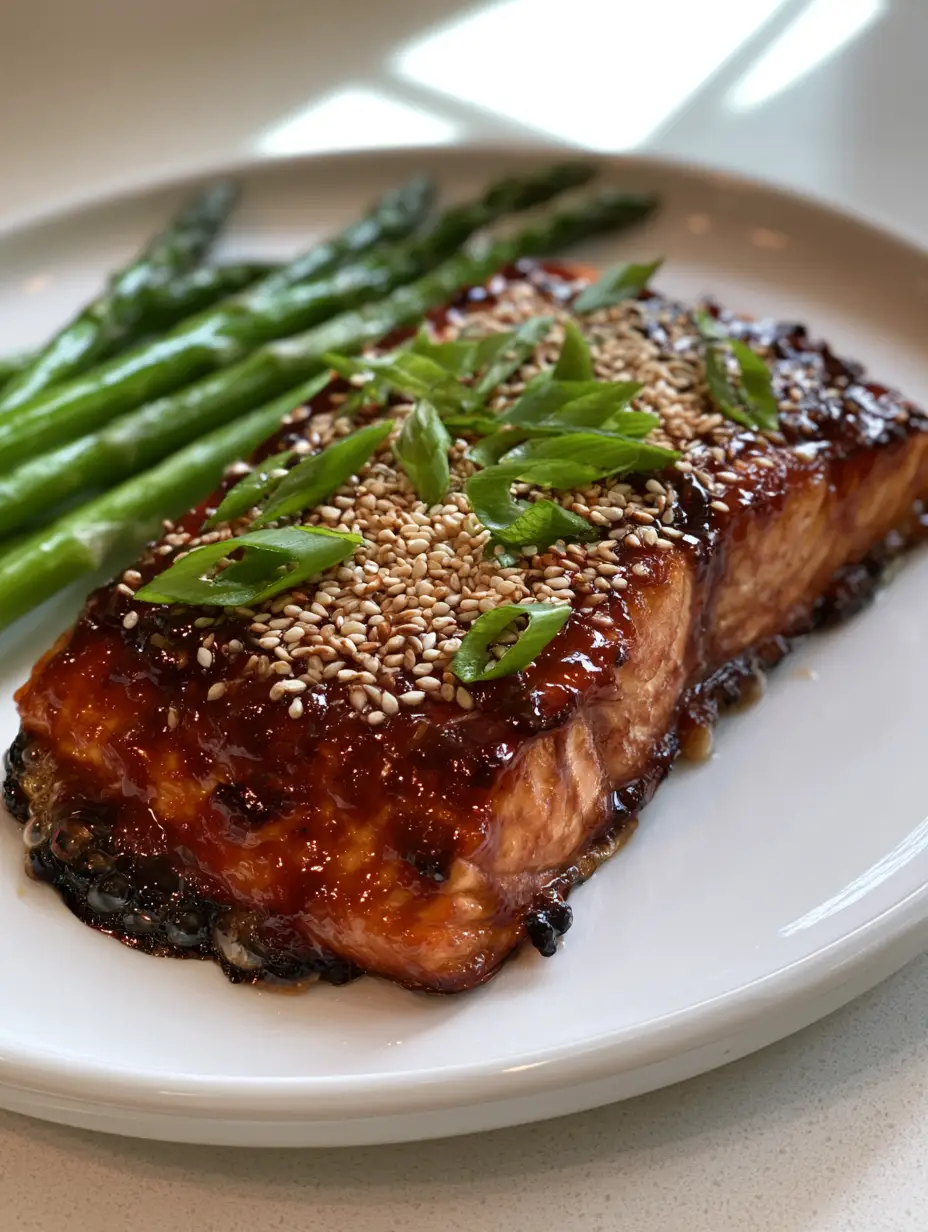 Close up of Brown Sugar Glazed Salmon showing the bubbly, charred edges and glossy finish on a white plate.