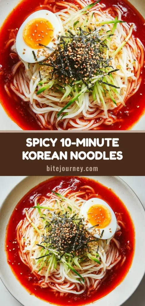 A handheld smartphone photo of a white ceramic bowl containing Bibim Guksu noodles coated in a glossy crimson gochujang sauce and topped with a jammy egg.
