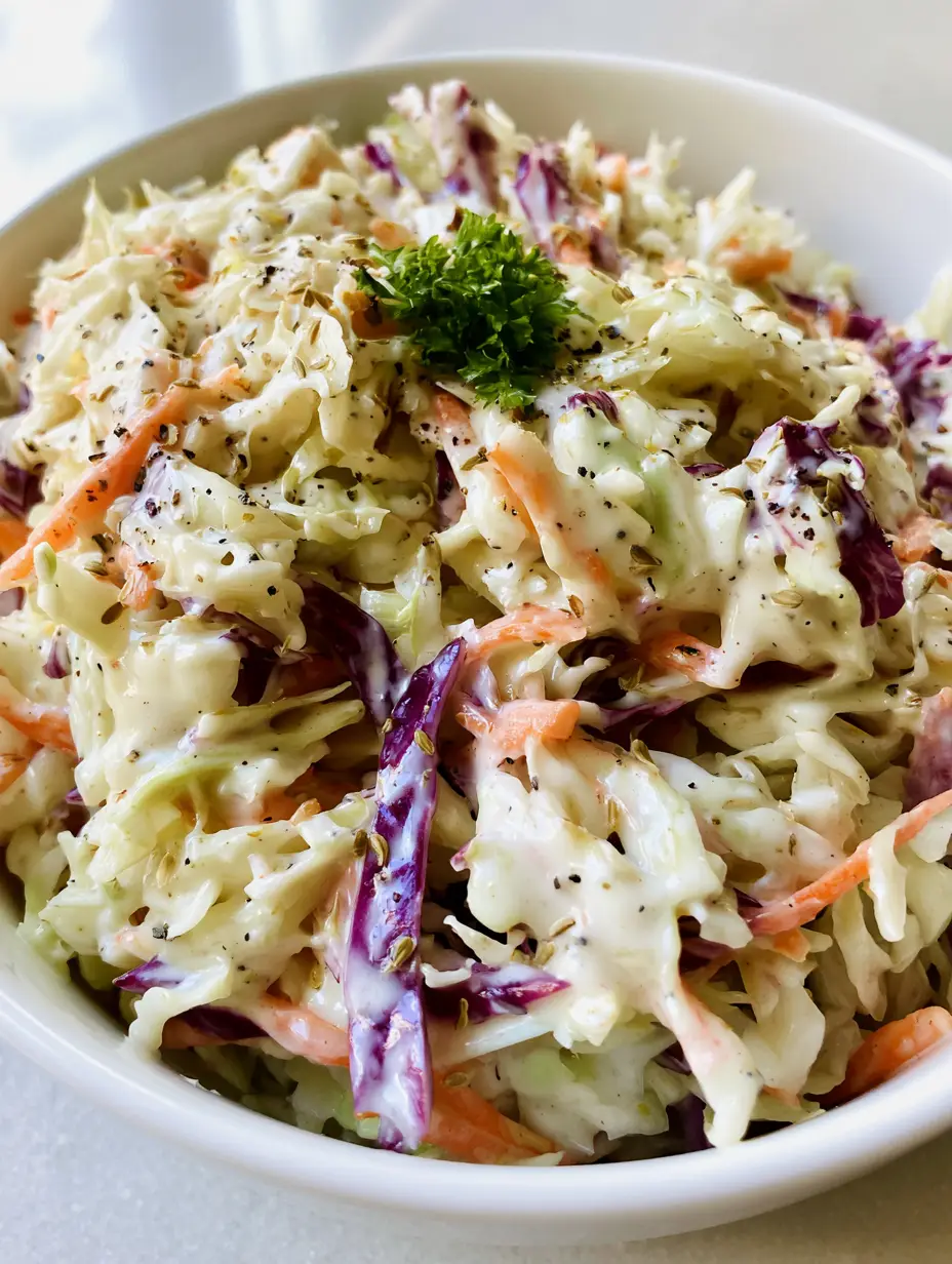 A handheld smartphone photo of a white ceramic bowl filled with Homemade Coleslaw Recipe showing glossy dressing and celery seeds.