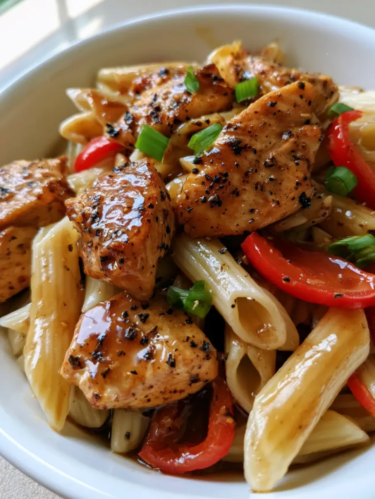 Penne pasta and chicken chunks mixed with bright red bell peppers and green scallions in a honey pepper sauce.