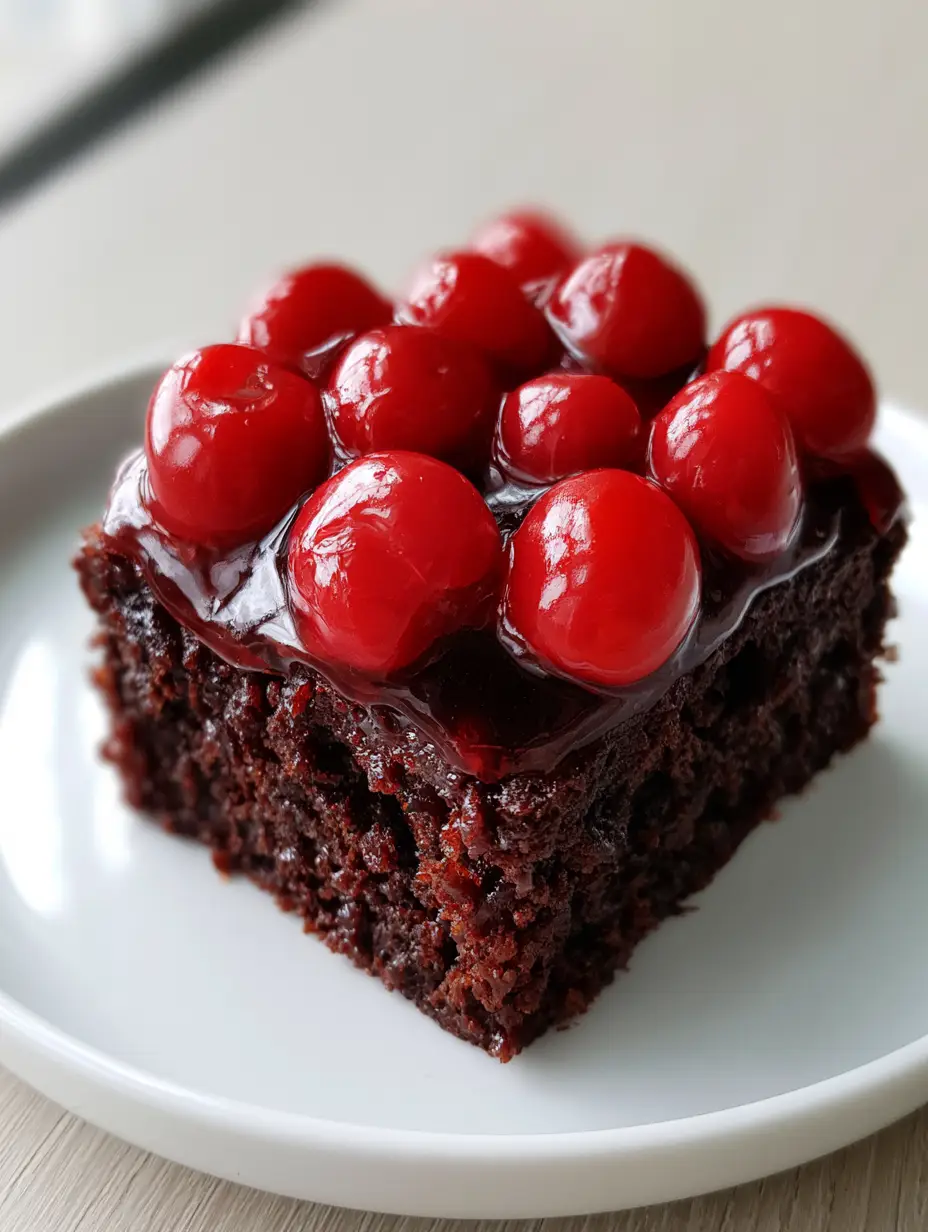 Chocolate Cherry Cake: The Ultimate Moist & Glossy Dessert Recipe 3 Close-up of a rectangular slice of dark Chocolate Cherry Cake with whole pitted glazed cherries.