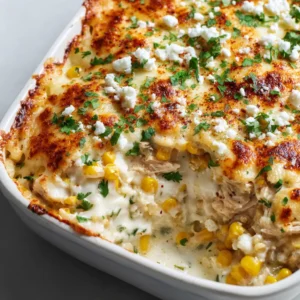 Overhead view of Street Corn Chicken Casserole highlighting the creamy sauce and golden cheese spots.