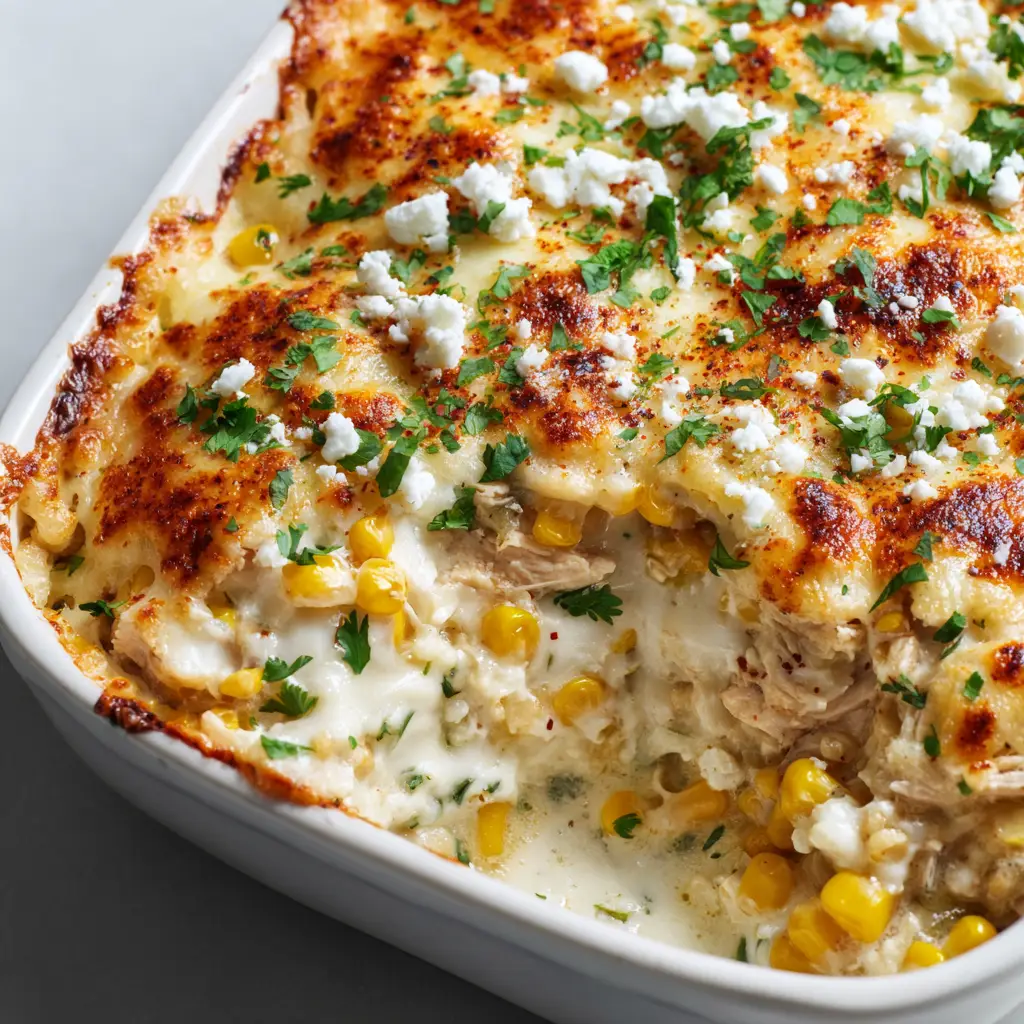 Overhead view of Street Corn Chicken Casserole highlighting the creamy sauce and golden cheese spots.