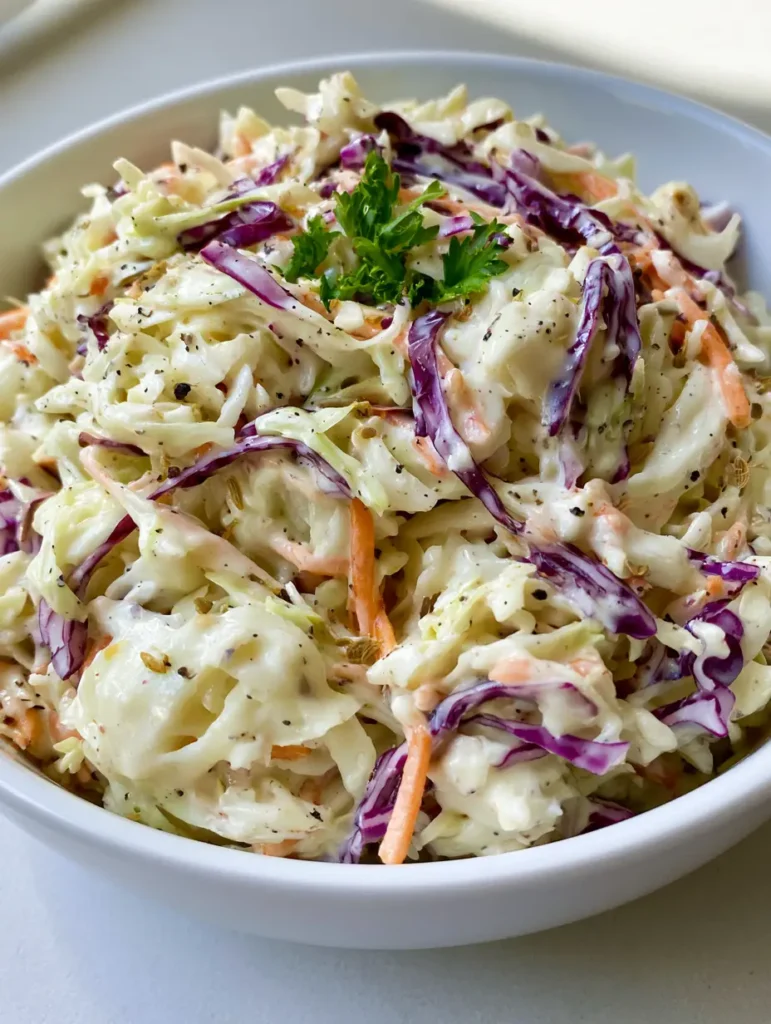 Top-down view of the Homemade Coleslaw Recipe with fresh chopped parsley garnish on a neutral background.