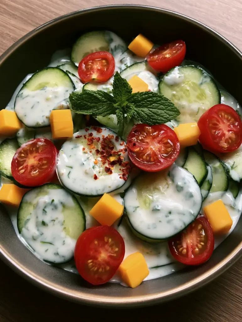 Handheld smartphone shot of the Cucumber Ranch Crack Salad being served on a wooden table.