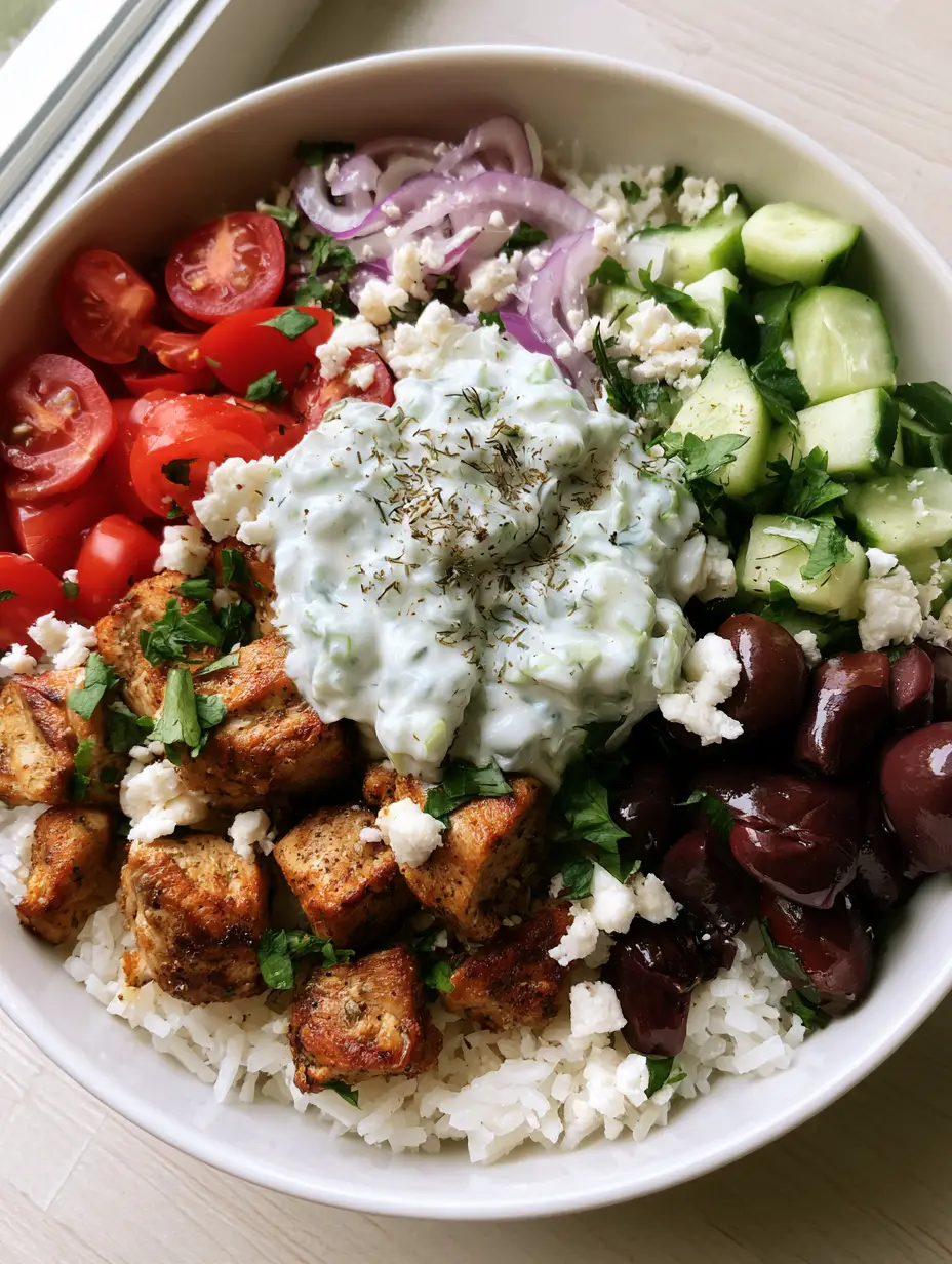 Top-down view of Chicken Gyro Bowls showing golden-brown chicken cubes and fresh Mediterranean toppings like feta and olives.