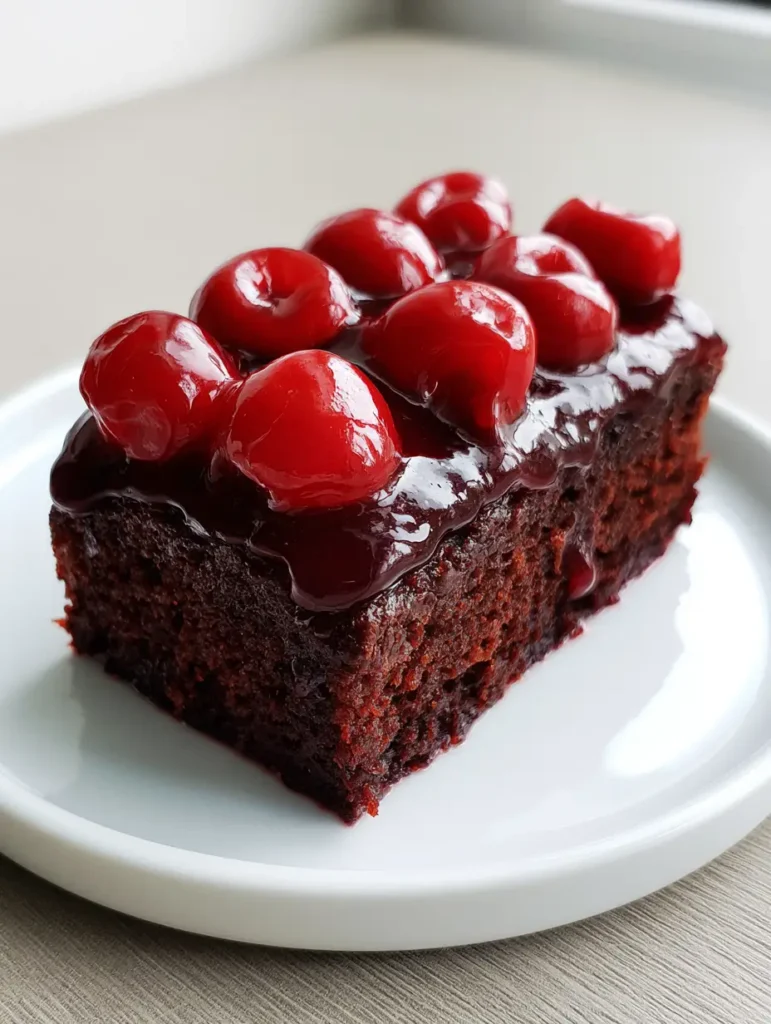 Chocolate Cherry Cake: The Ultimate Moist & Glossy Dessert Recipe 1 Overhead shot of Chocolate Cherry Cake featuring thick crimson fruit syrup cascading over the edge.