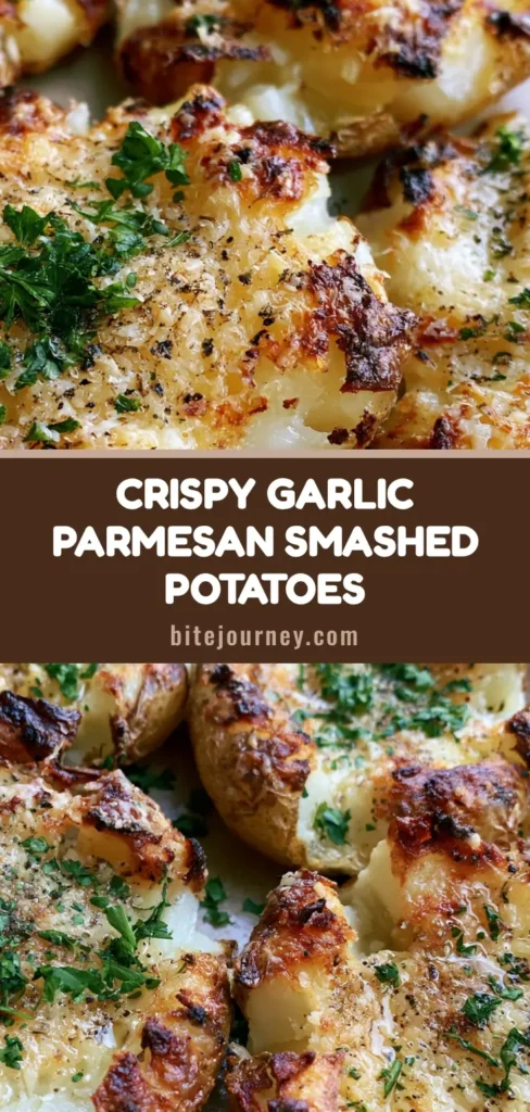 A stack of Garlic Parmesan Smashed Potatoes with crispy charred edges, melted cheese, and fresh parsley garnish.