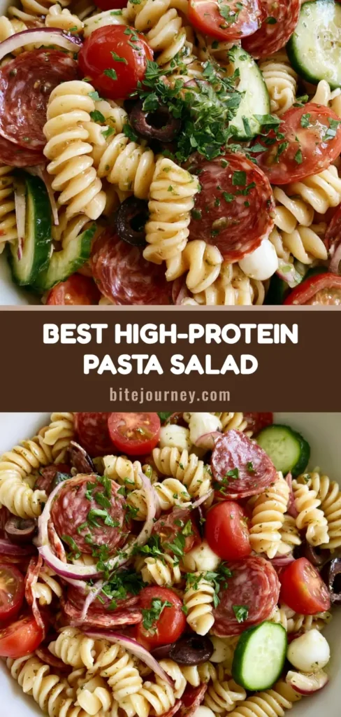 A close-up vertical shot of a High-Protein Italian Pasta Salad with rotini, salami, and mozzarella pearls in a white bowl. (High-Protein Italian Pasta Salad)